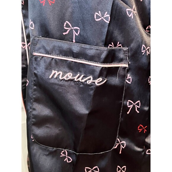 DISNEY Minnie Mouse Satin Kimono Robe Women's S Embroidered Pockets Black Pink - Picture 6 of 11